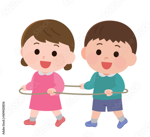 電車ごっこで遊ぶ男の子と女の子　イラスト