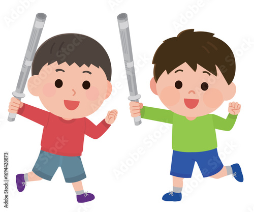新聞紙で作った剣でチャンバラをする男の子たち　イラスト