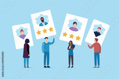 Diverse group of people evaluating candidate profiles with star ratings for hiring decisions