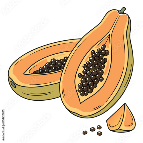 Freshly Sliced Ripe Papaya Fruit with Seeds, Tropical Refreshment Illustration