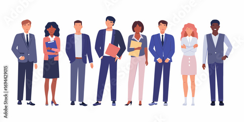 Diverse group of business professionals standing together in a line wearing smart casual attire