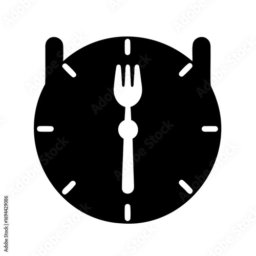 Conceptual dining icon with fork and clock symbolism, time to eat idea