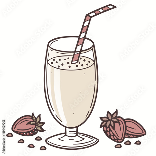 A Creamy Strawberry Smoothie Illustration with a Striped Straw and Berries
