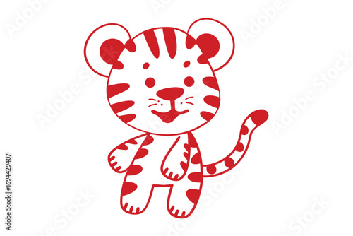 Red outlined cartoon tiger cub standing cheerfully on a white isolated background