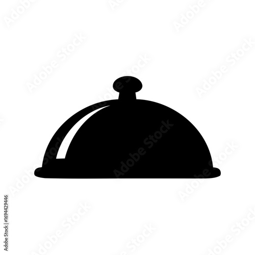 Elegant black serving cloche icon, food presentation dome with knob, simple design