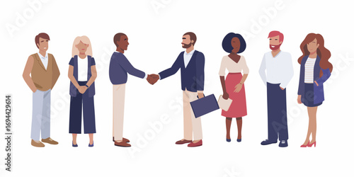 Diverse group of business professionals standing together and shaking hands in a modern flat illustration style