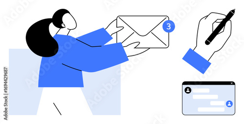 Woman holding an envelope with notification icon, hand writing with pen, and chat interface open. Ideal for email, communication, messaging, notifications, productivity, organization simple landing