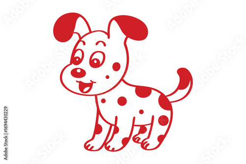 Red outlined cartoon puppy stands happily, showing small circles scattered all over body
