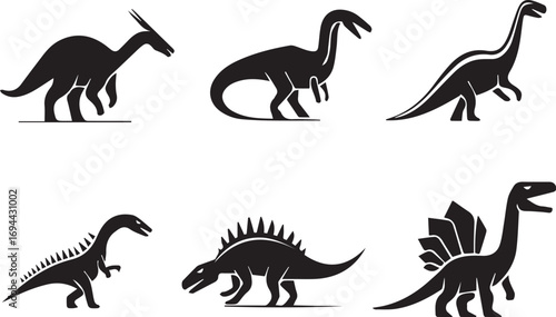 This image shows six different species of dinosaurs in various active poses, depicted in black silhouettes.