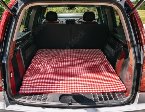 red and white checkered mat in truck bed at tailgate event