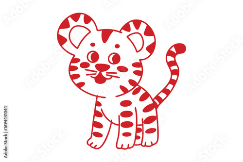 Red outlined cartoon tiger cub stands with a friendly expression and a striped tail