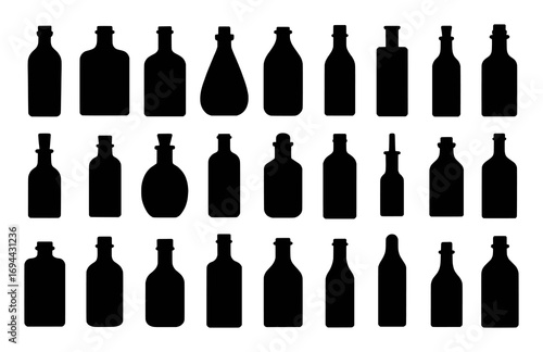 Collection of Black Silhouettes of Various Bottles on White Background