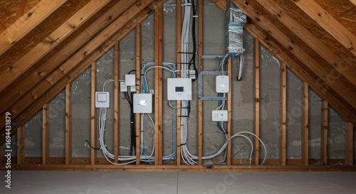 An organized modern smart home electrical and network wiring system, featuring multiple white control boxes, is meticulously installed within an unfinished attic space.