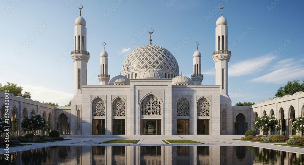 Obraz premium Serene View of Elegant Mosque with Water Reflection and Clear Blue Sky
