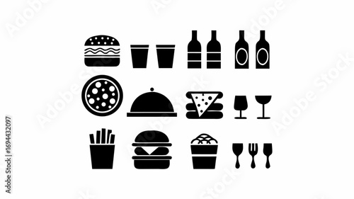 Restaurant food and drinks icons set for menu design, offering a variety of dining options