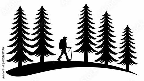 Hiker silhouette trekking through forest with tall pine trees, outdoors adventure and nature exploration