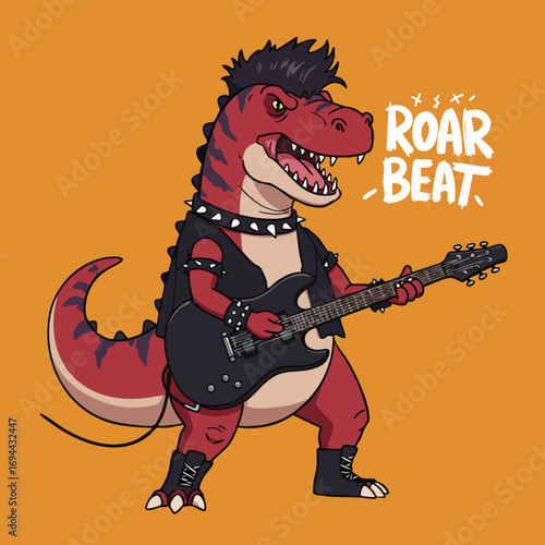 Cartoon Style Playful Dinosaur Rock Star Guitar Player Illustration
