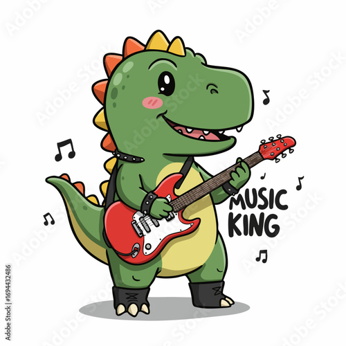 Cute Cartoon Dinosaur Playing Electric Guitar Music King Illustration