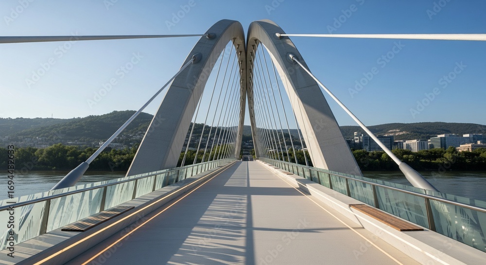 Fototapeta premium Modern Bridge Architecture: Suspension Cables and River View on a Sunny Day