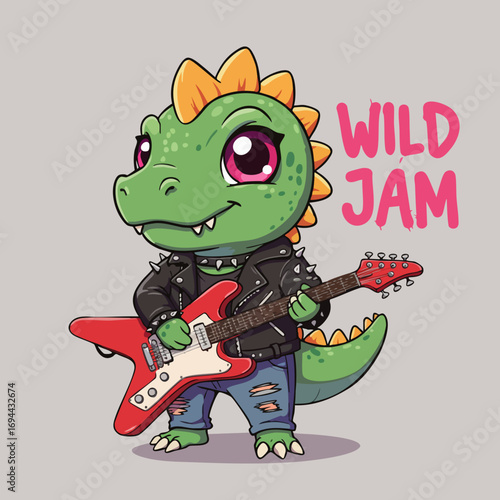 Cute Cartoon Style Little Dinosaur Playing Electric Guitar Animal Character