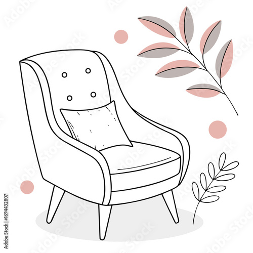 Cozy armchair with pillow and branches illustration