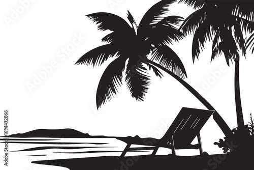 Tropical beach scene with palm tree and lounge chair silhouette
