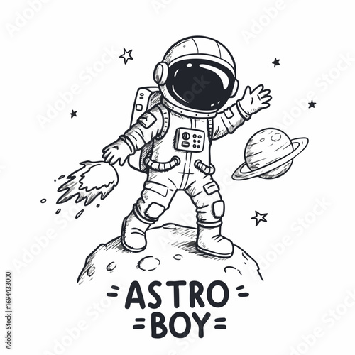 Handdrawn Cartoon Astronaut Boy Standing on Moon with Planet Illustration