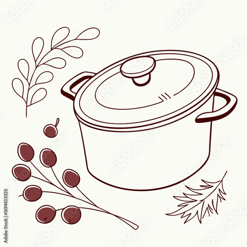 Drawing of a kitchen pot with branches and berries for cooking
