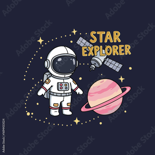 Cute Handdrawn Spaceman Explorer With Satellite And Planet Illustration