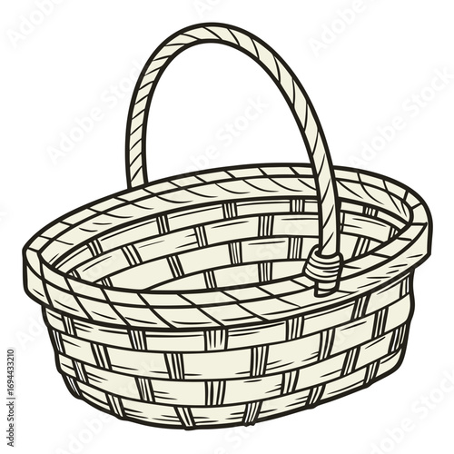 Cute Cartoon Style Empty Wicker Basket Illustration with Handle Design Element