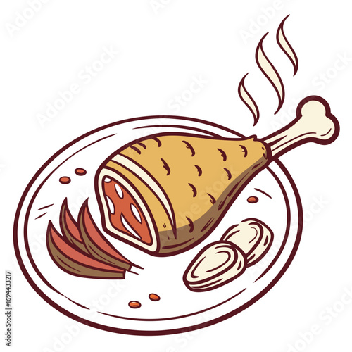 Delicious illustration of a roasted chicken leg with potato wedges and sliced onions on a white plate, served hot and steaming