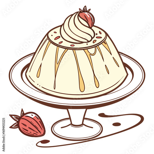 Delightful Dessert Illustration Creamy Pudding with Strawberry Garnish on a Pedestal Plate