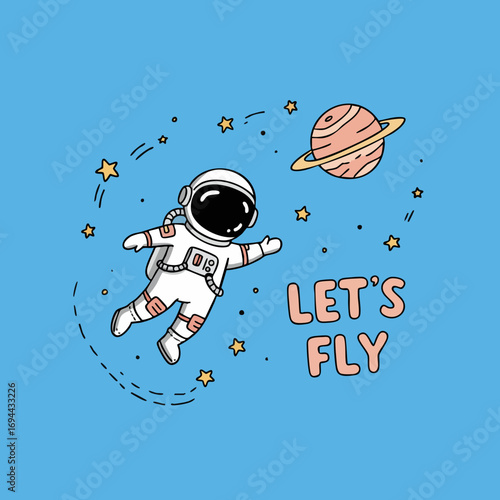 Cartoon Style Astronaut Floating in Space with Planet and Stars Illustration