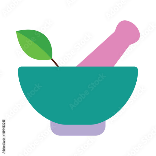 Colorful Flat Design Mortar and Pestle Icon for Herbal Medicine