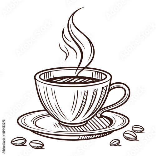 Hand-drawn sketch of a steaming aromatic coffee cup on a saucer