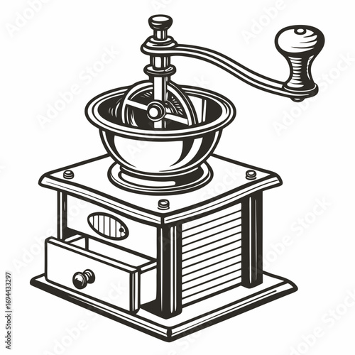 Classic Manual Coffee Grinder Illustration for Fresh Bean Brewing and Artisanal Beverage Preparation