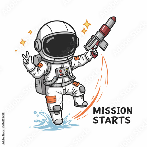 Cartoon Style Astronaut Holding Laser Gun With Mission Starts Text Design