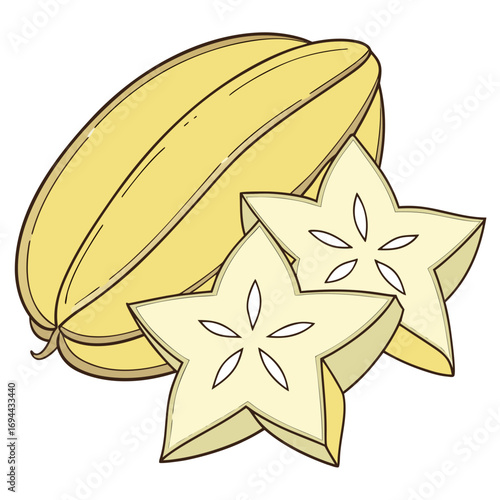 Delicious Star Fruit Illustration Close-up of Whole and Sliced Tropical Fruit