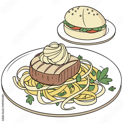 Delicious meal featuring grilled tuna steak with pasta and a tasty burger, a culinary treat