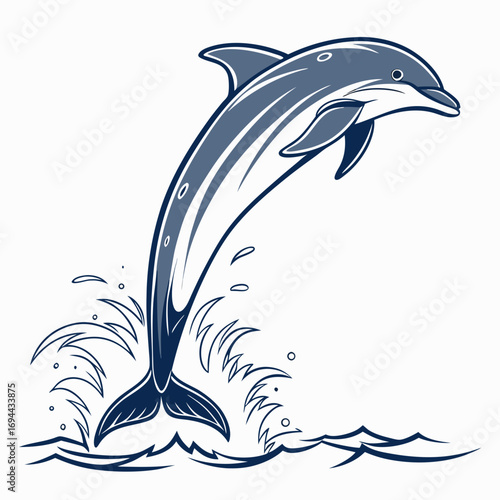 Dynamic illustration of a graceful dolphin leaping from the ocean waves with splashing water