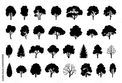Collection of Diverse Black Tree Silhouettes on White Background