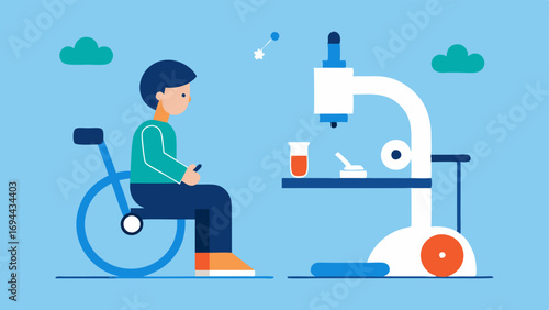 Adaptive Lab Equipment An illustration of a microscope with an ergonomic design positioned next to a student in a wheelchair who is observing a slide with excitement.