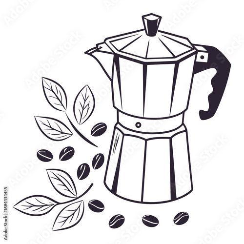 Artistic Outline of a Stovetop Espresso Maker Alongside Coffee Beans and Fresh Botanical Foliage
