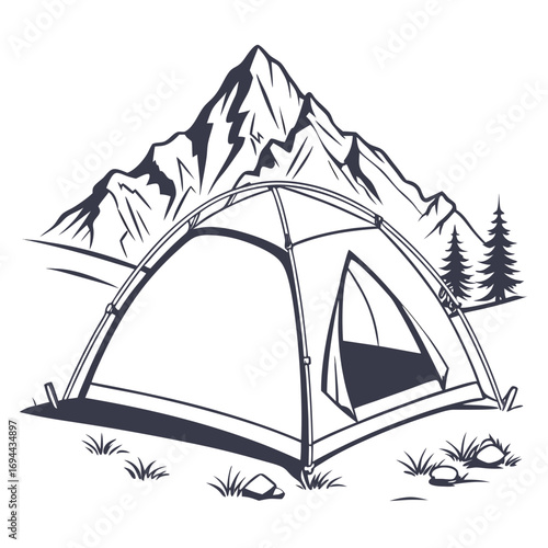 Camping Tent with Mountain View Outline Illustration