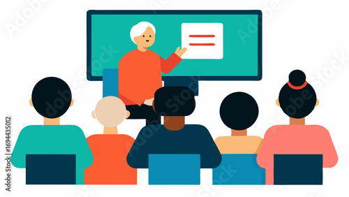 Community Digital Workshop A diverse group attending a workshop on digital accessibility with a presenter showing the audience key features like screen readers and color contrast