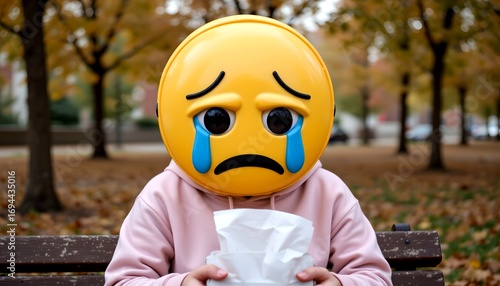 Person with Crying Face Emoji Mask Park Holding Tissues