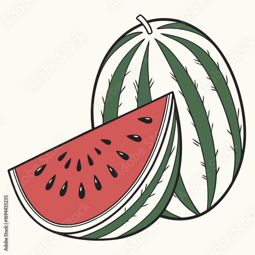 Stylized vector illustration of a whole watermelon and a juicy slice, a symbol of summer