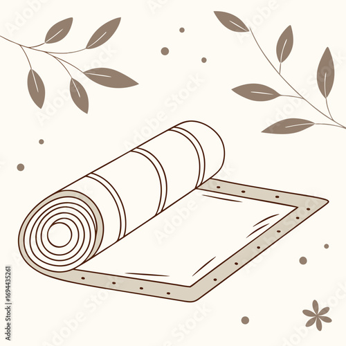Yoga mat illustration with floral accents and delicate branches