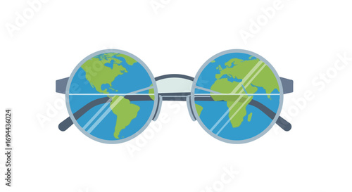 Eyeglasses with Earth globe lenses representing global vision and awareness. Eyewear illustrates connection between world and sight for World Sight Day. Isolated, transparent background
