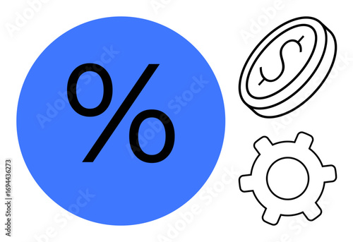Percentage in blue circle beside dollar coin and gear, representing financial calculation, cost efficiency, monetary systems, investment strategy, process management, economic growth, modern design